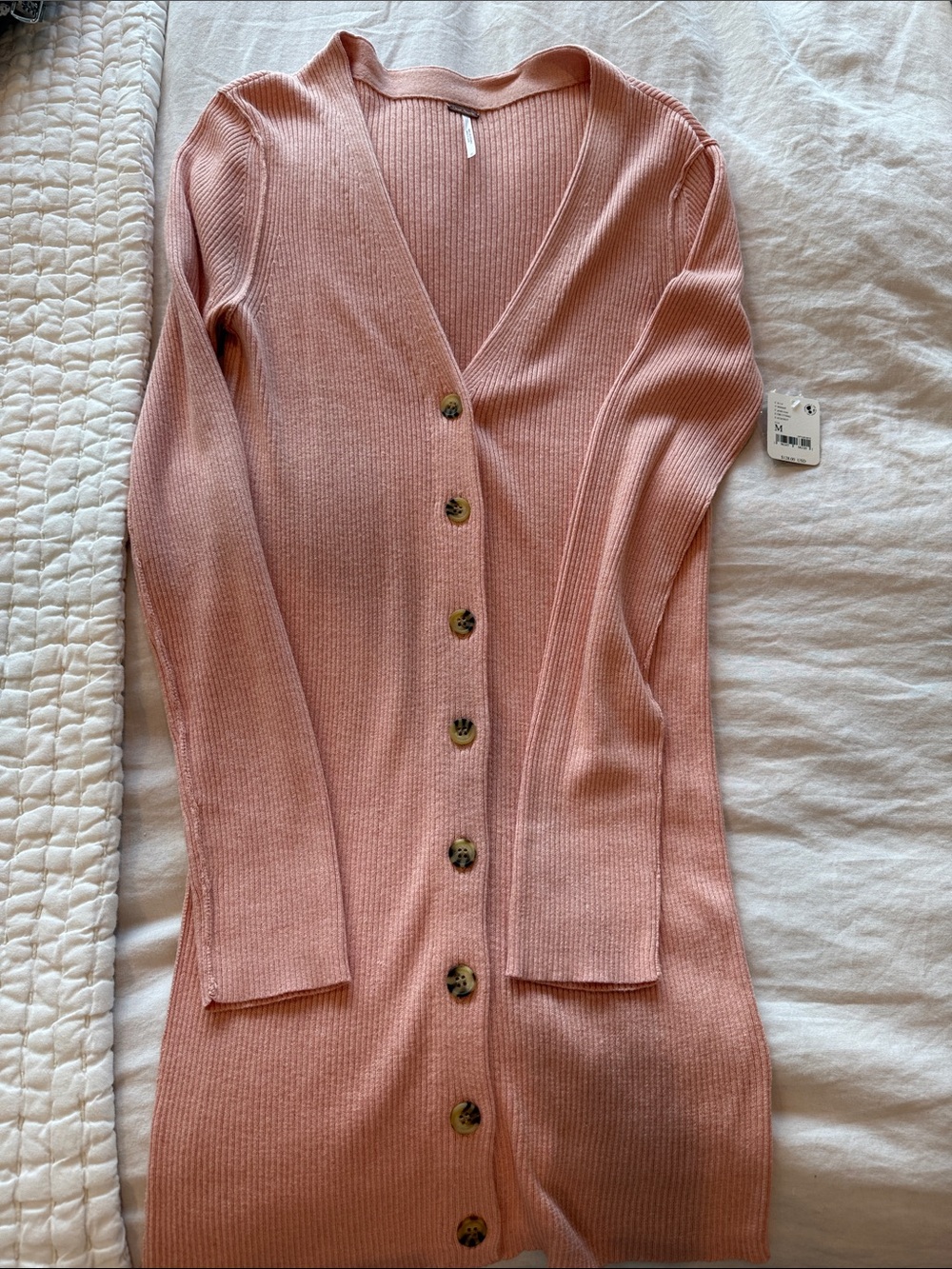 Free People Blush Pink Ribbed Button-Front Cardigan Dress NEW WITH TAGS